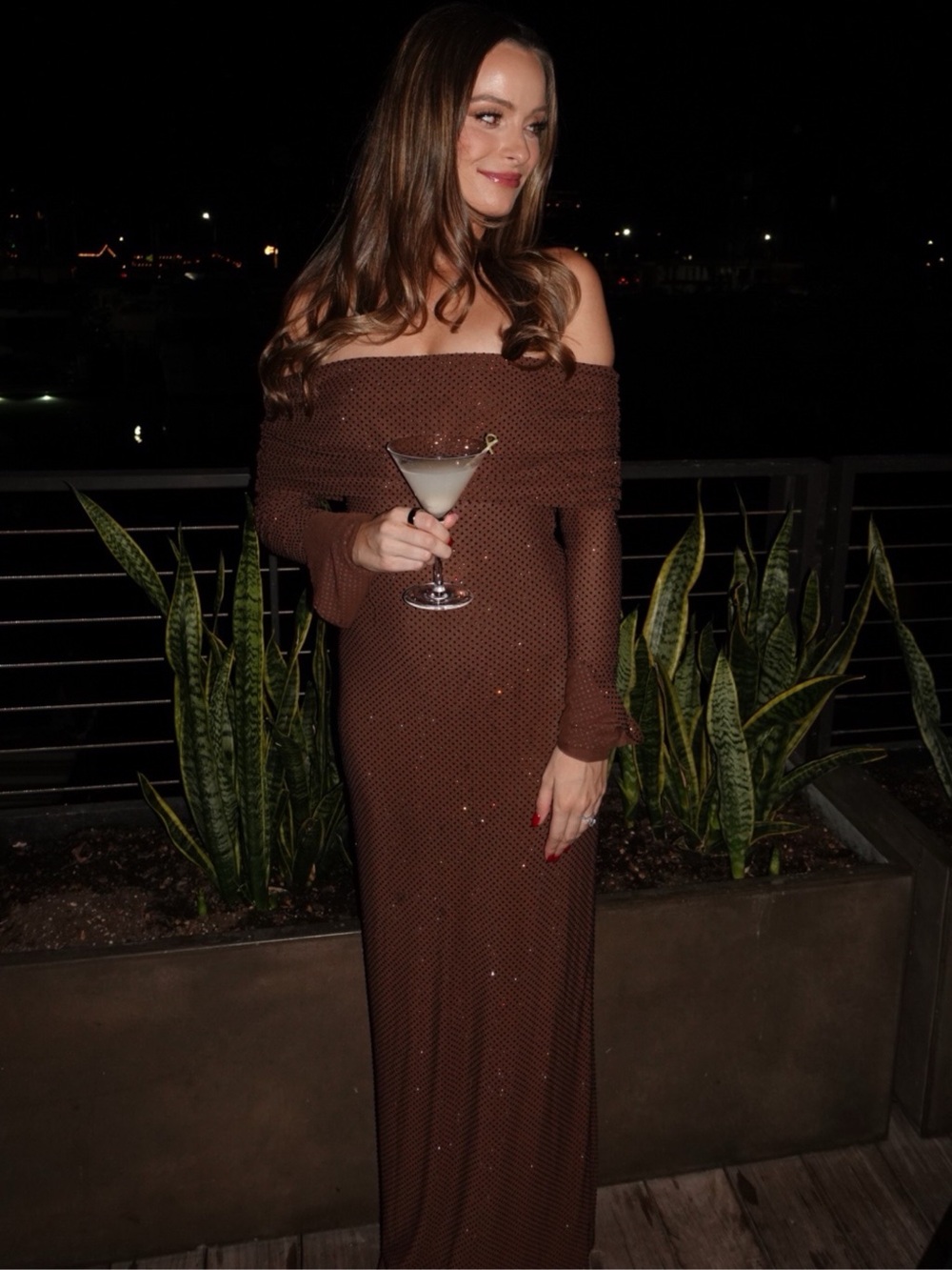 Meshki Brown Off-Shoulder Sparkle Maxi Dress